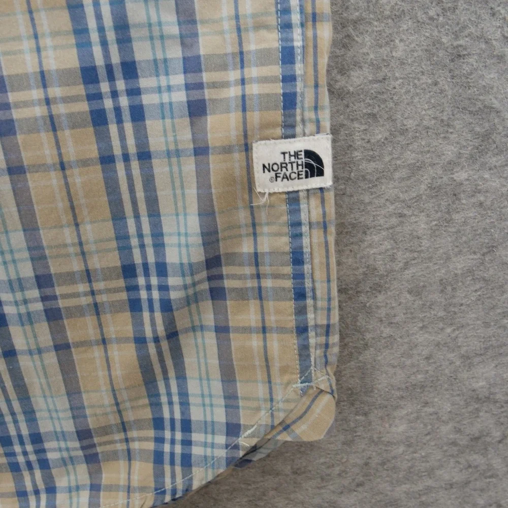 The North Face Shirt Mens Large Blue beige Plaid Short Sleeve Button Up Hiking